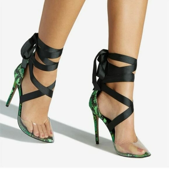 Snakeskin And Clear Strappy Heels In Green - Picture 1 of 9